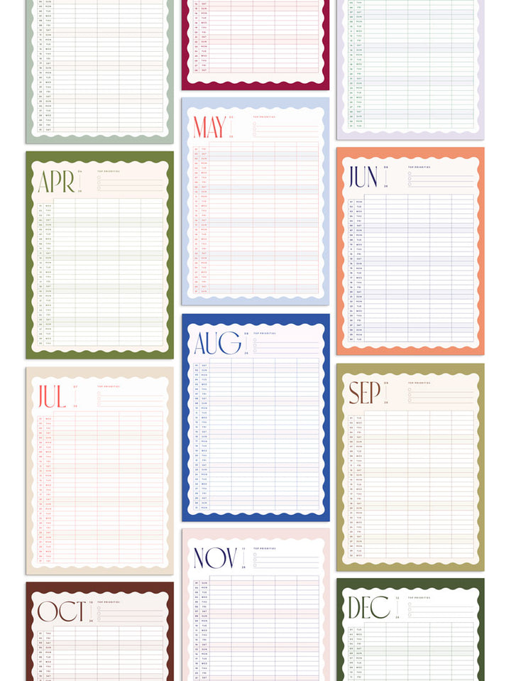 Grid of 2026 monthly calendar pages with colourful wavy borders and 5 column planner grid for families of 5.