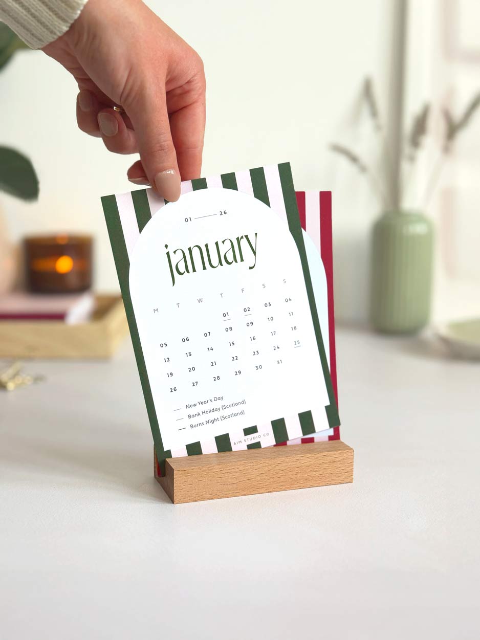 2026 Desk Calendar with Wooden Stand, Candy Stripes