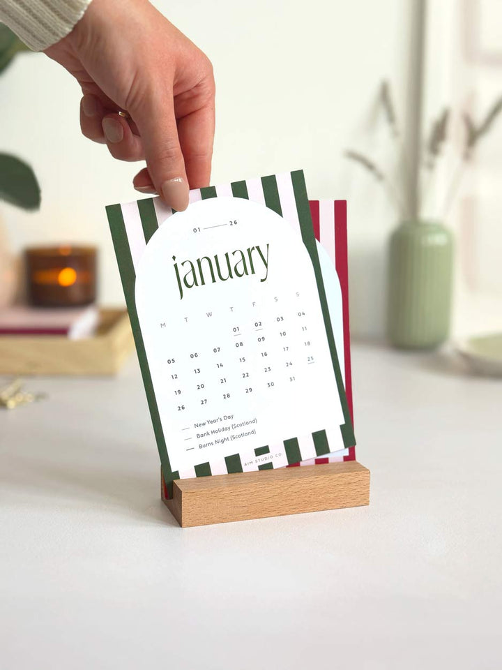 2026 Desk Calendar with Wooden Stand, Candy Stripes