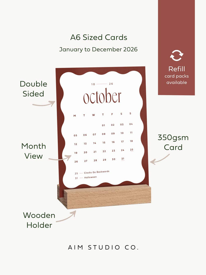A6 Calendar cards with wooden holder, featuring month view and double-sided design, by Aim Studio Co.