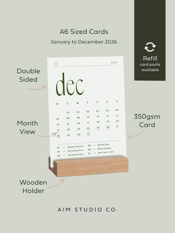 Minimalist 2026 Desk Calendar with Wooden Stand