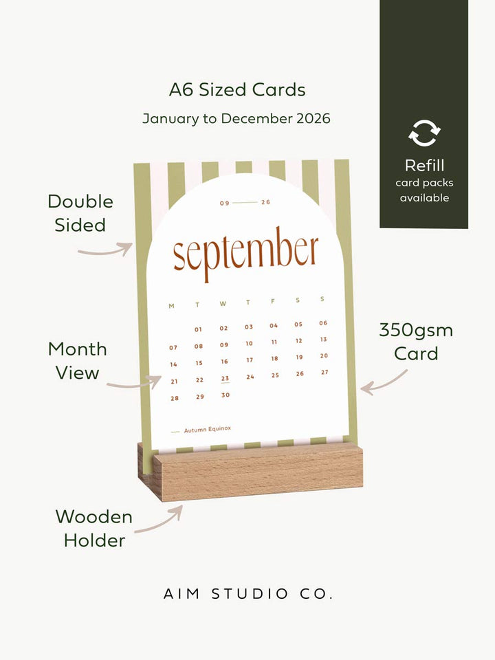 2026 Desk Calendar with Wooden Stand, Candy Stripes