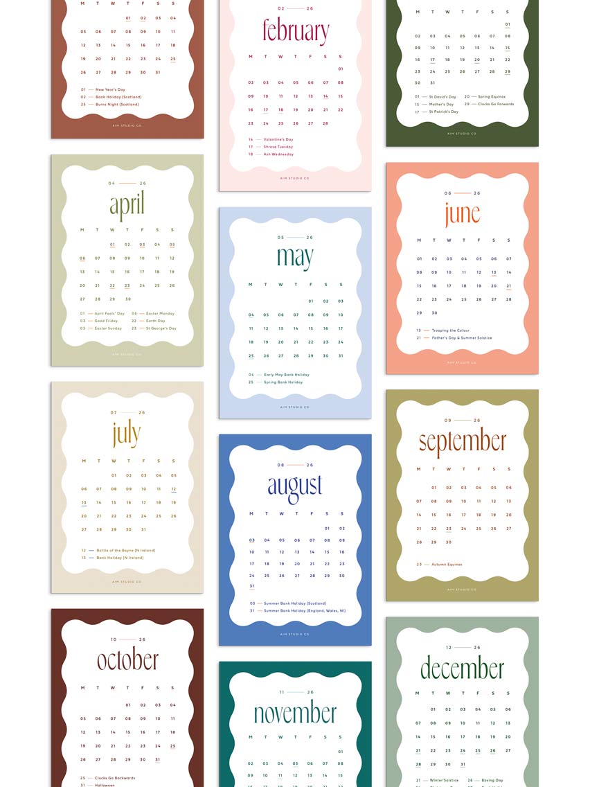 Grid of monthly calendars for each month of the year with colour block wavy design border for each month of 2026.