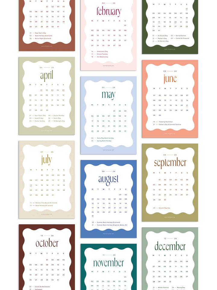 Grid of monthly calendars for each month of the year with colour block wavy design border for each month of 2026.