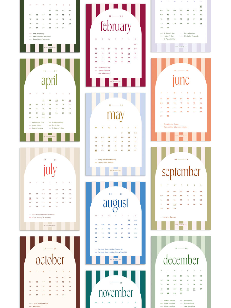 2026 Desk Calendar with Wooden Stand, Candy Stripes