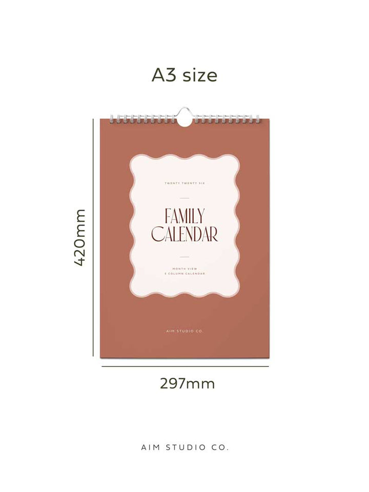 A3 size family calendar with dimensions on a white background (420mm x 297mm)