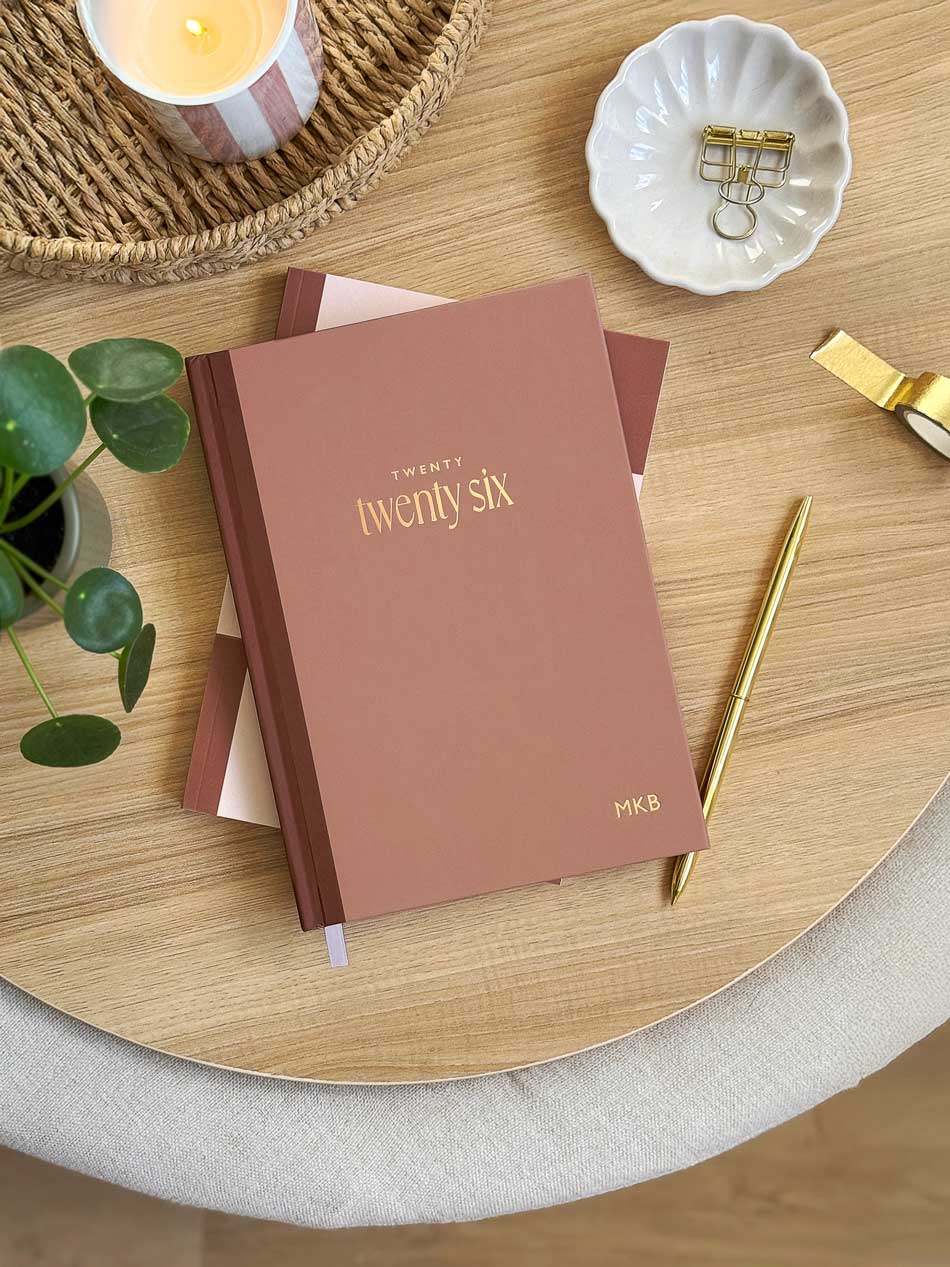 2026 A5 hardback planner with gold foiled lettering and personalised initials