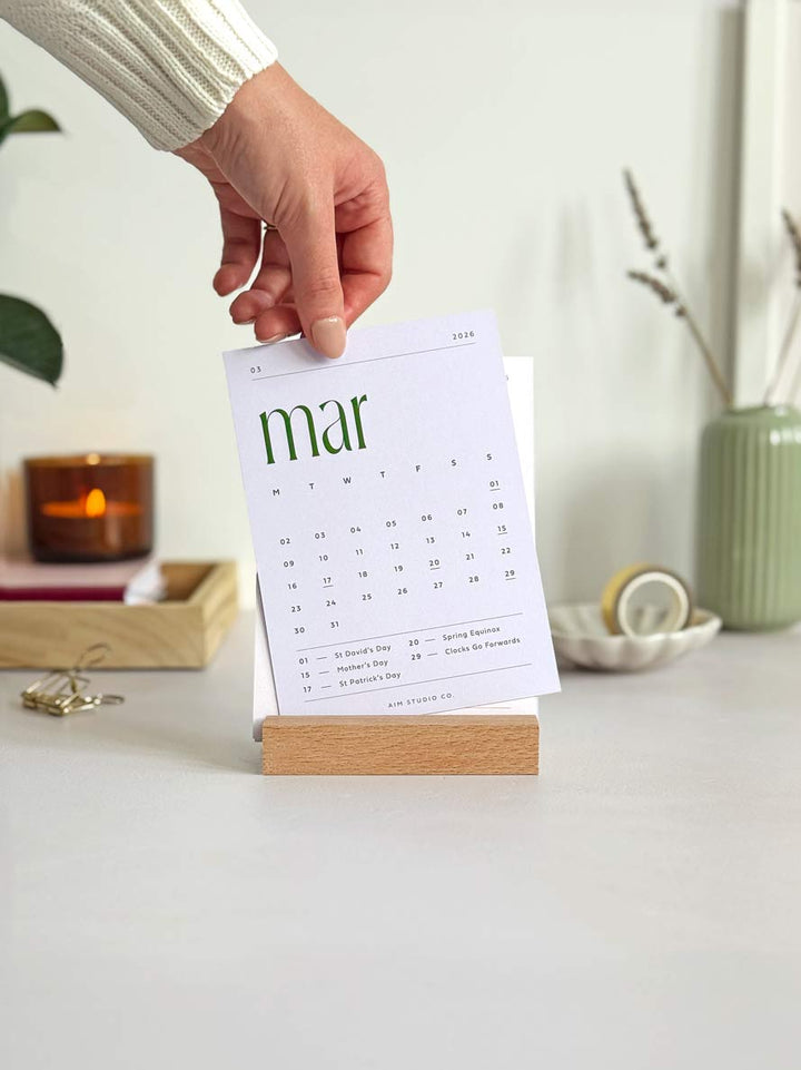 Minimalist 2026 Desk Calendar with Wooden Stand