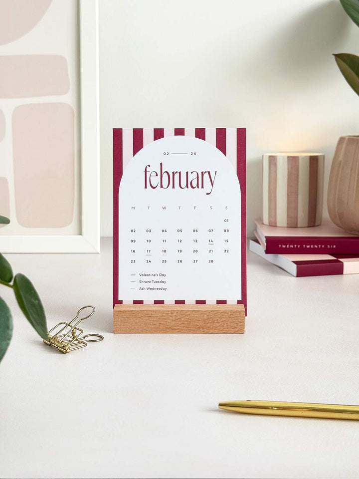 2026 Desk Calendar with Wooden Stand, Candy Stripes
