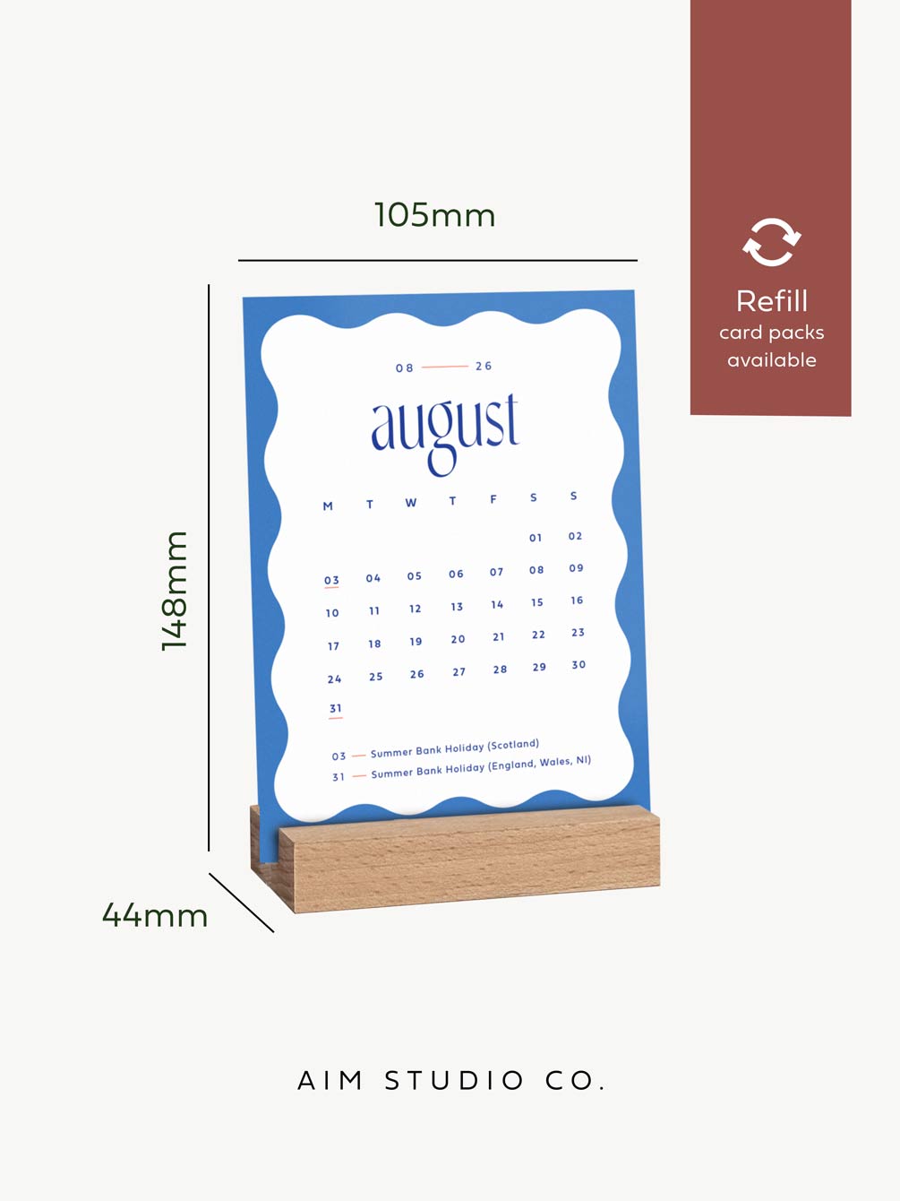 2026 desk Calendar card with wooden stand, dimensions showing A6 cards and small wooden stand.