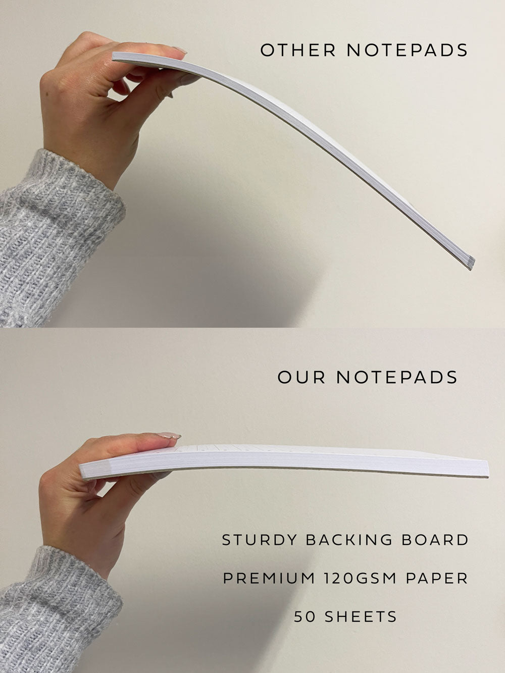 showing premium quality of AIM Studio Co notepad compared to thin and flimsy standard notepad