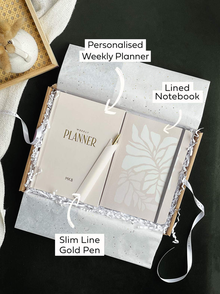 Personalised Stationery Letterbox Gift Set: Weekly Planner, Notebook & Pen