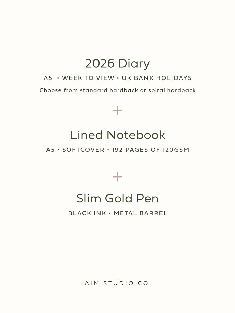 list of stationery included in planner gift bundle: 2026 diary, lined A5 notebbok and slim gold pen