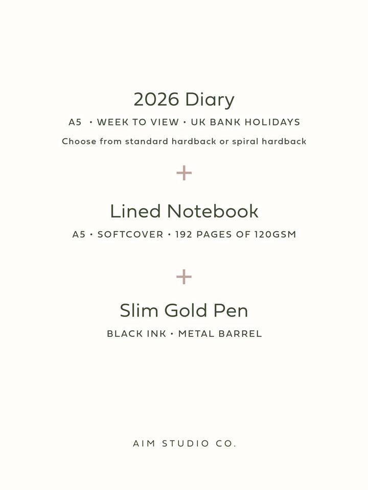 list of stationery included in planner gift bundle: 2026 diary, lined A5 notebbok and slim gold pen