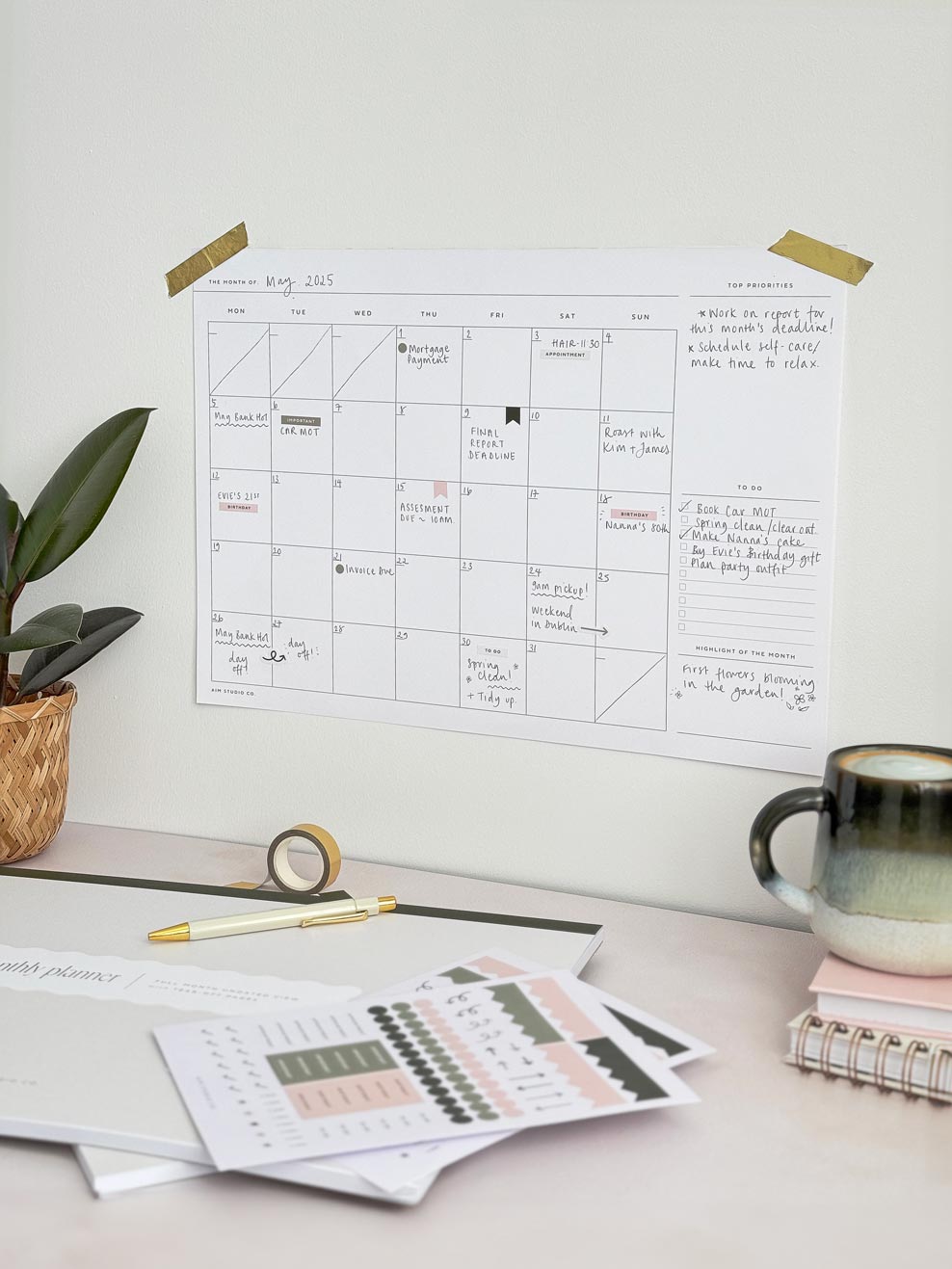 large a3 wall calendar sheet with cute aesthetic planner stickers and month to view schedule for content planning