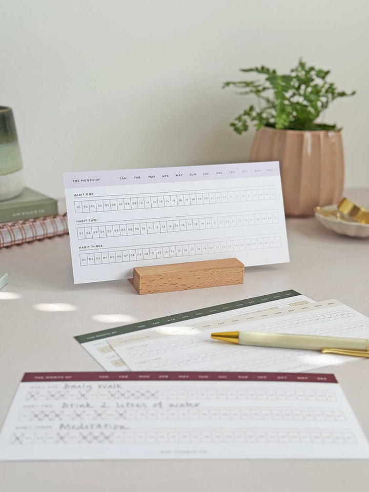 Daily Habit Tracker Cards with Wooden Stand