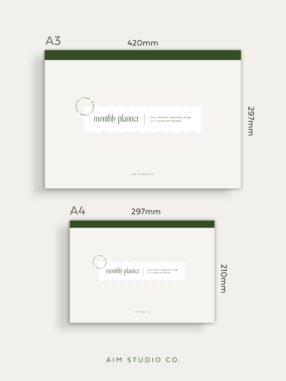 size dimensions of month view desk pad in large a3 size: 420mm x 297mm and small A4 notepad size of 297mm x 210mm