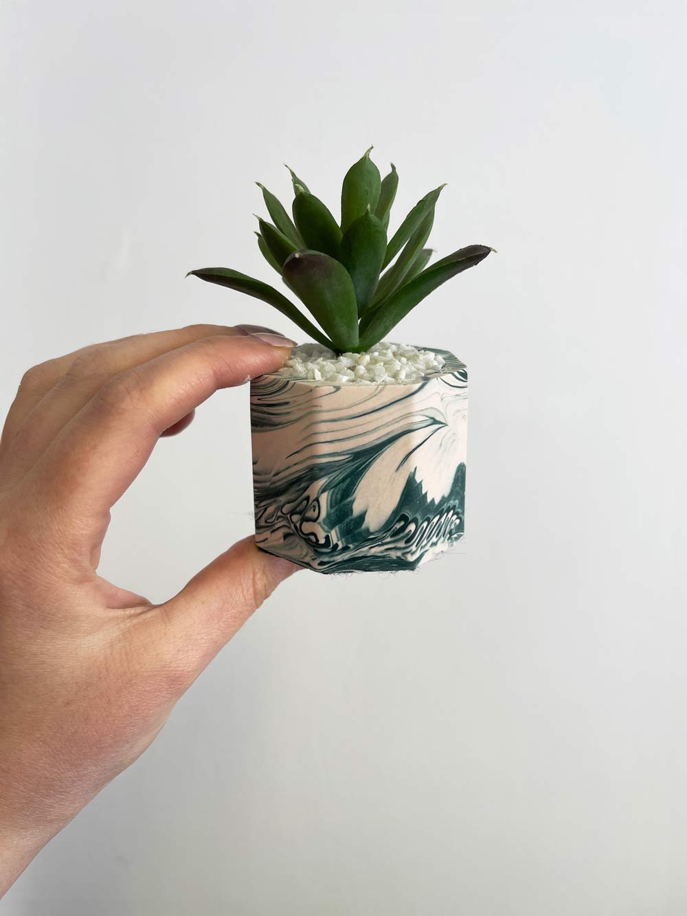 CLEARANCE | Handmade Dark Green & Blush Pink Marbled Mini Artificial Desk Plants