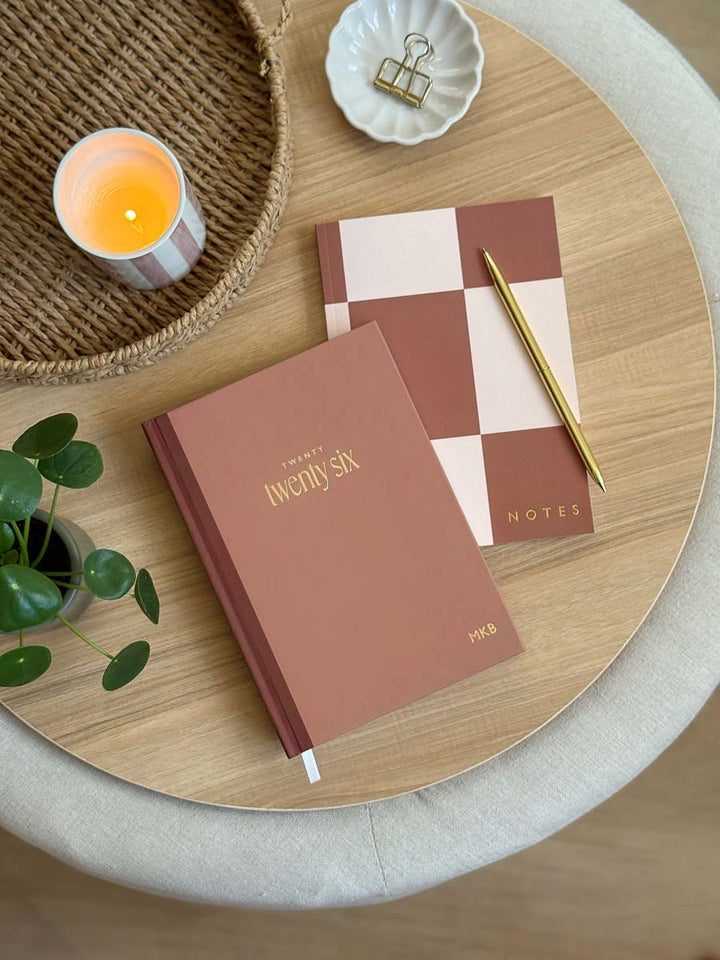 2026 diary with matching notebook and pen bundle in rust brown