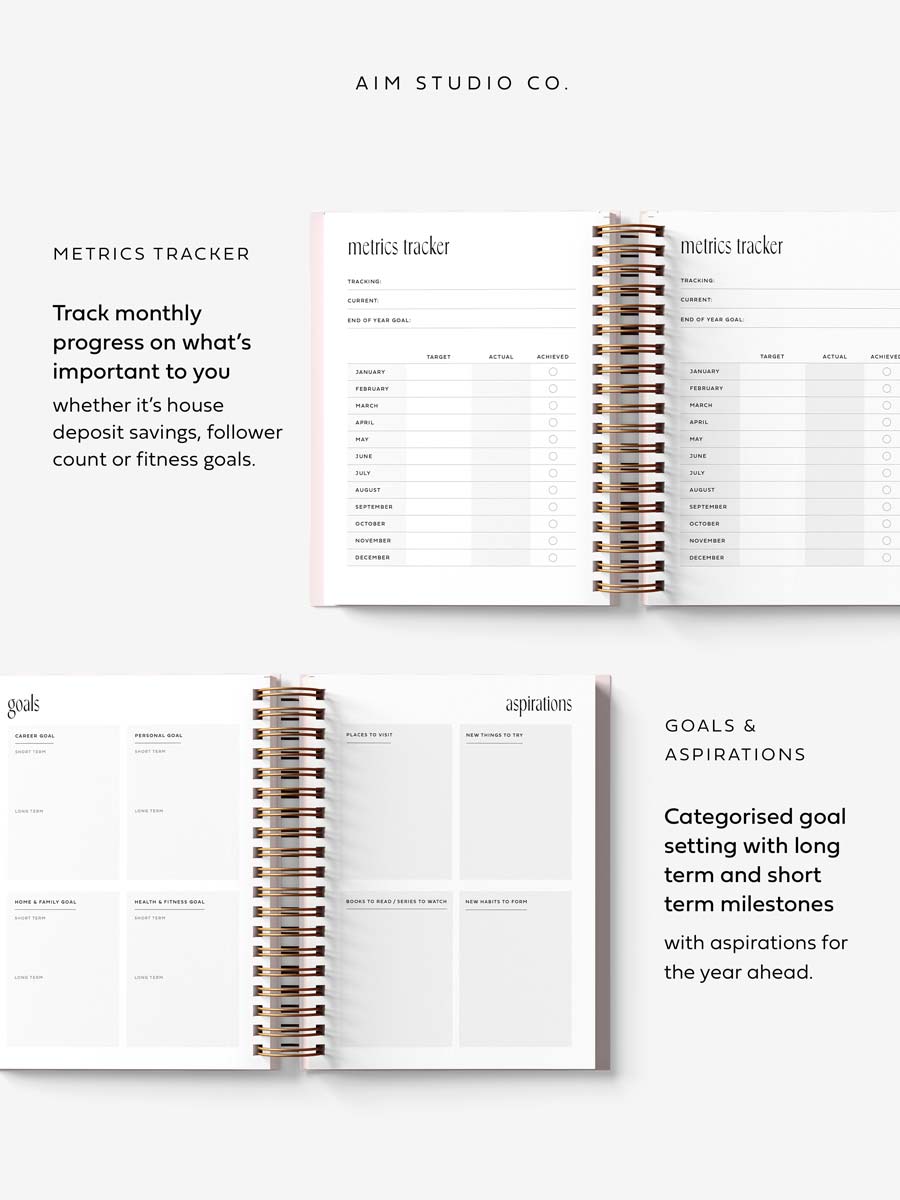 Open spiral-bound 2026 planner showing 'Metrics Tracker' and 'Goals & Aspirations' sections on a white background.