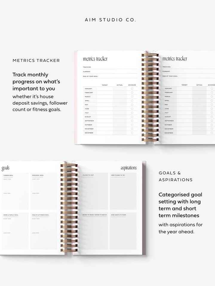 Open spiral-bound 2026 planner showing 'Metrics Tracker' and 'Goals & Aspirations' sections on a white background.