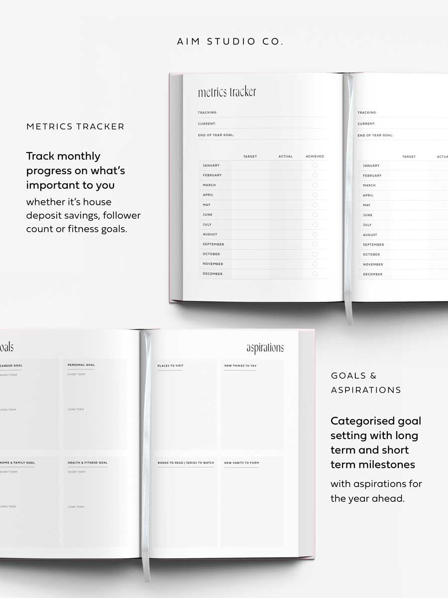 flat lay of hardback 2026 diary showing goal setting pages with white ribbon bookmark