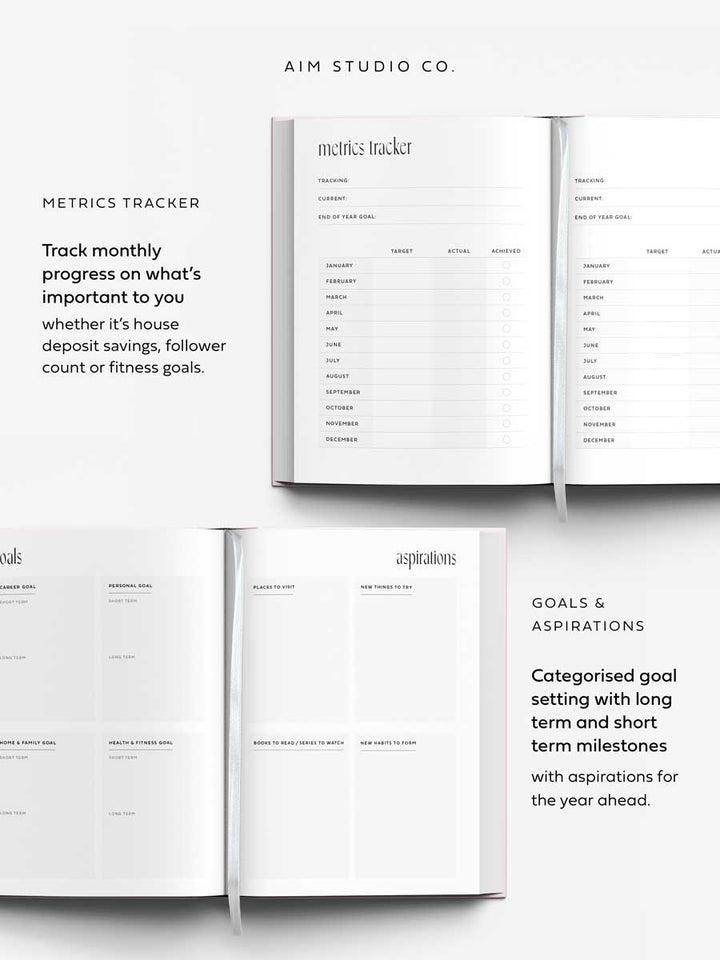 flat lay of hardback 2026 diary showing goal setting pages with white ribbon bookmark