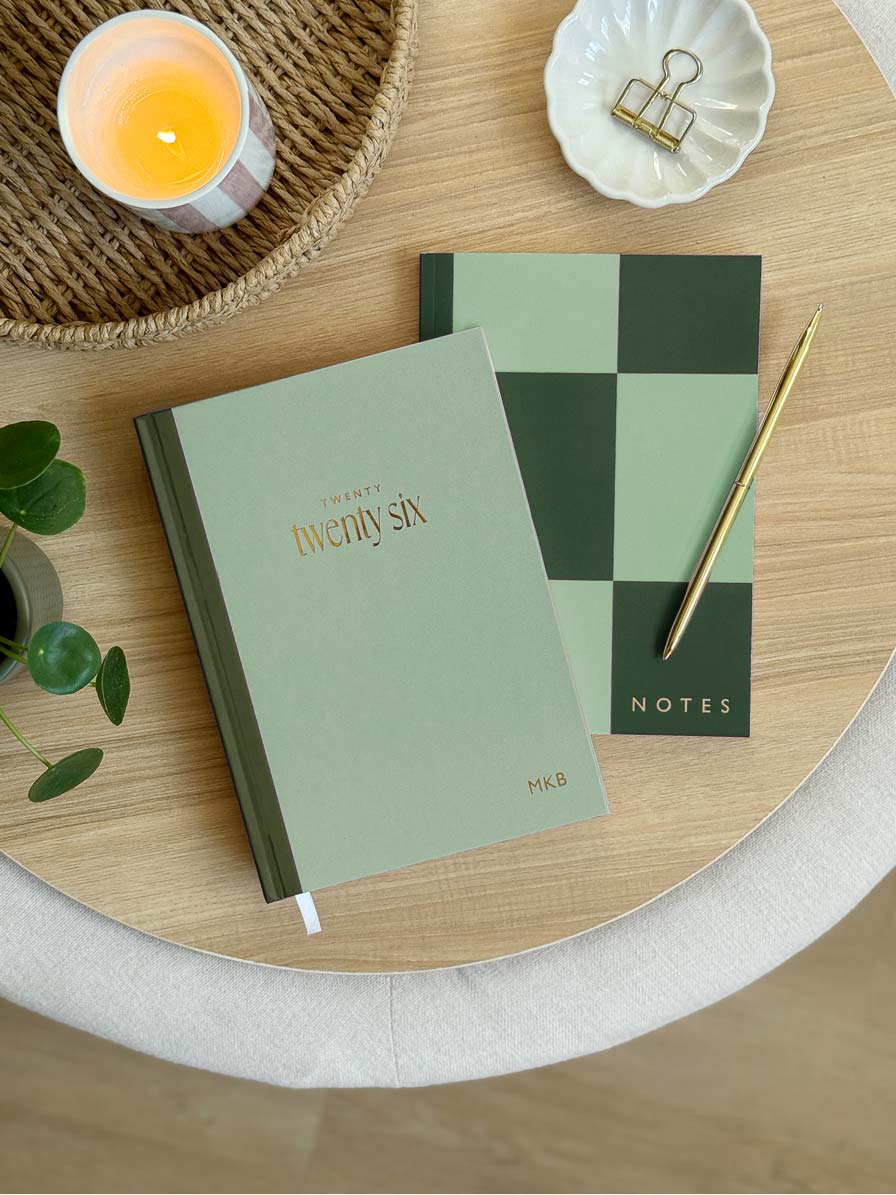 green matching 2026 diary and notebook stationery gift set with gold pen