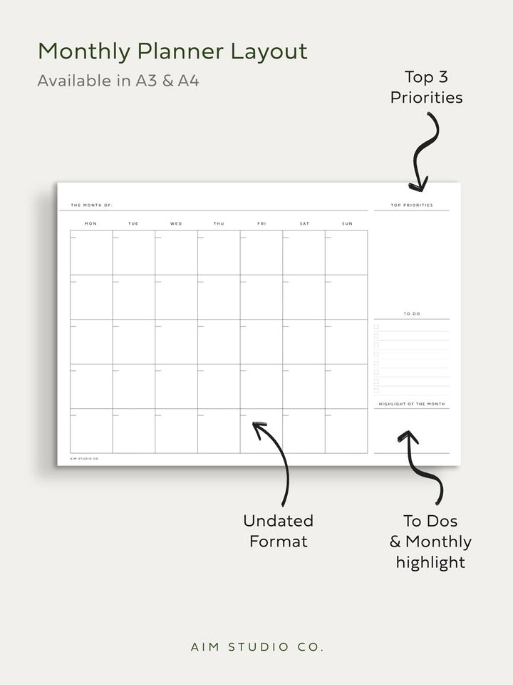 A3 monthly planner pad details showing month to view grid with top priorities to do list and monthly highlight