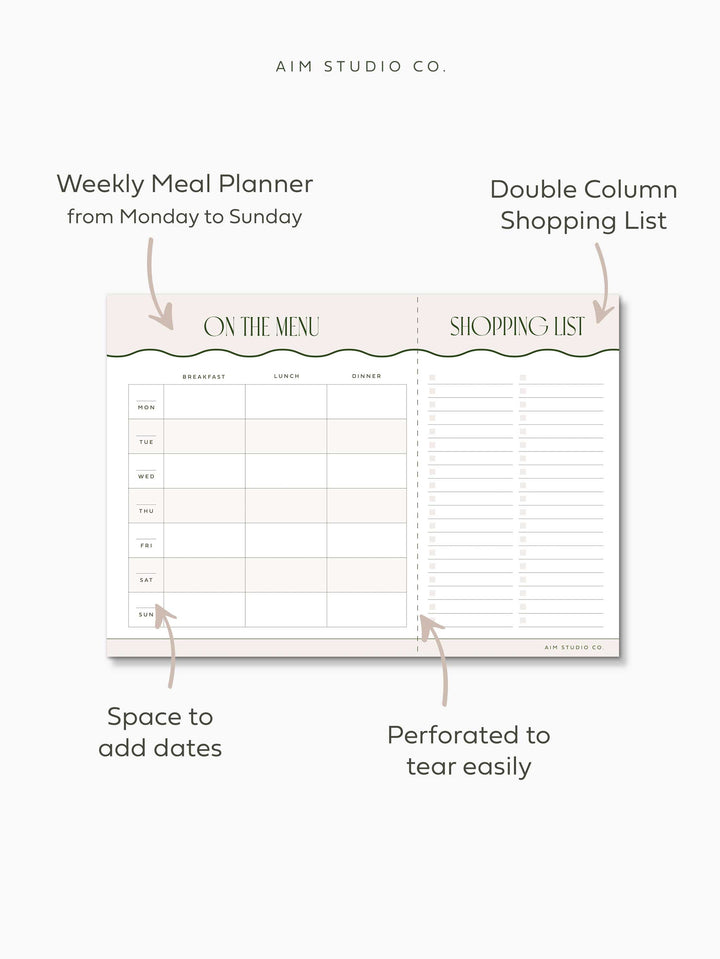 Weekly Meal Planner & Perforated Shopping List A4 Notepad