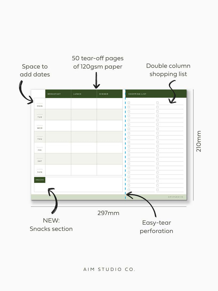 Product description of weekly planner notepad with A4 size dimensions and highlighted features such as perforated shopping list and 50 tear off pages