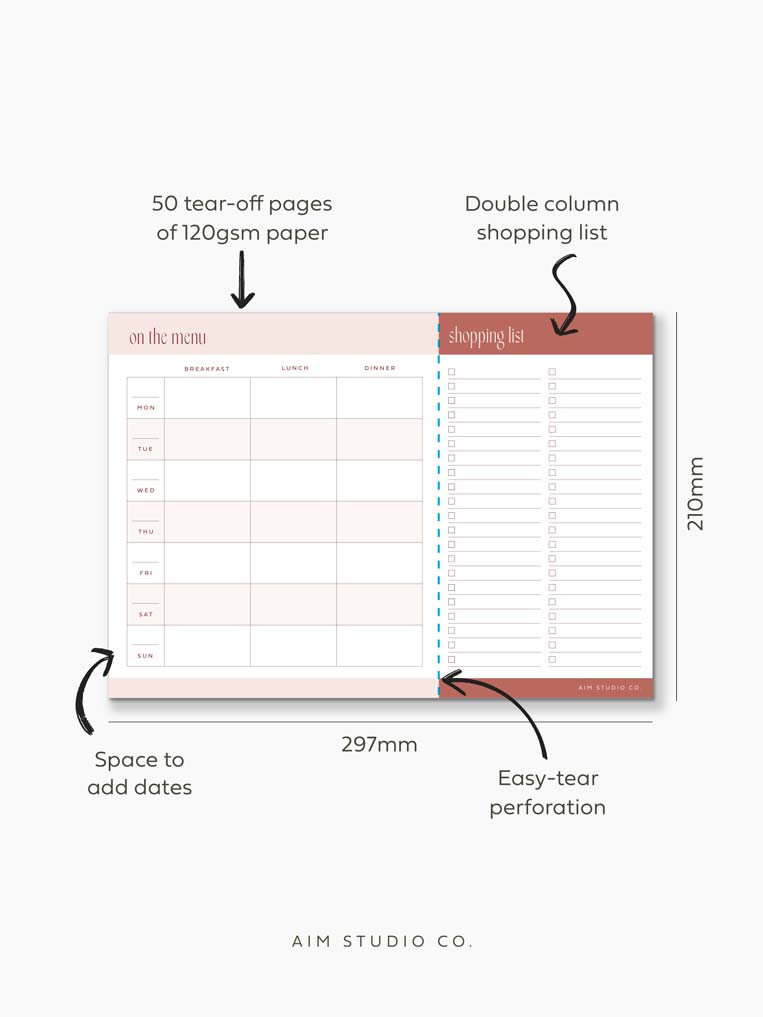 A4 size dimensions labelled on family dinner menu planner and features highlighted showing 50 pages and perforated grocery list section.