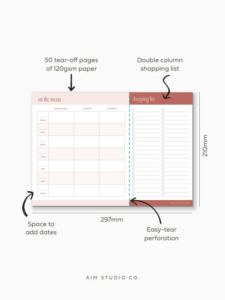A4 size dimensions labelled on family dinner menu planner and features highlighted showing 50 pages and perforated grocery list section.