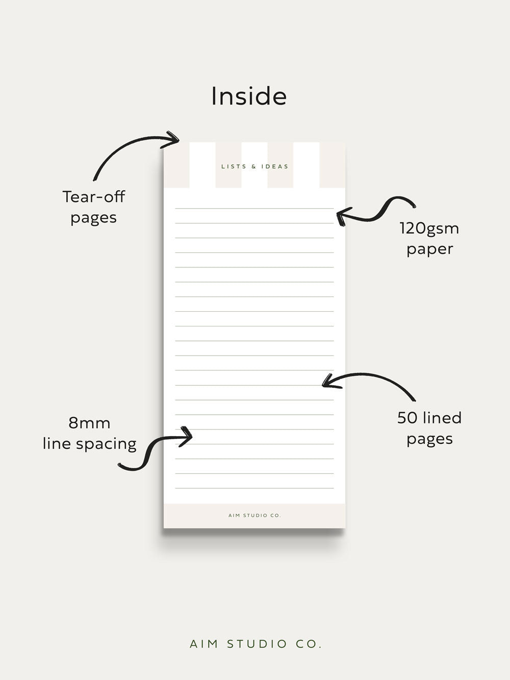 inside pages of stripe to do list notepad showing features such as 8mm line spacing, 50 lined pages and premium 120gsm thick tear off paper