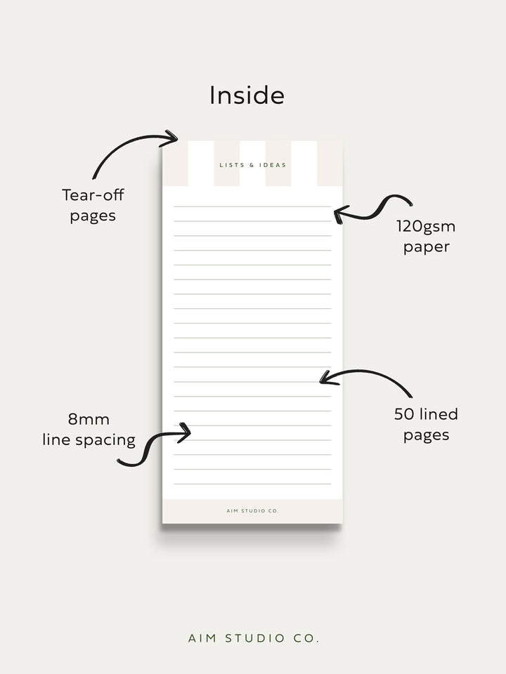 inside pages of stripe to do list notepad showing features such as 8mm line spacing, 50 lined pages and premium 120gsm thick tear off paper