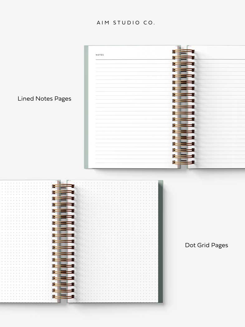 Lined notes pages and A5 dot grid pages inside 2026 personalised spiral diary by AIM Studio Co.