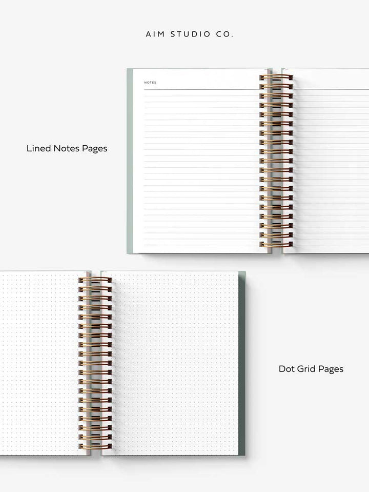 Lined notes pages and A5 dot grid pages inside 2026 personalised spiral diary by AIM Studio Co.