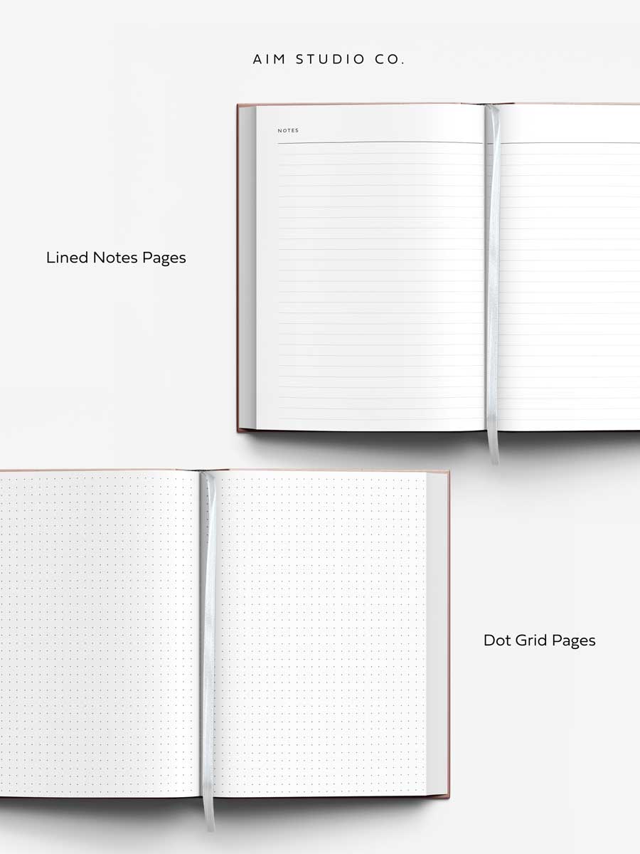 Two open diary planners showing lined and dot grid pages on a white background with 'AIM STUDIO CO' branding.