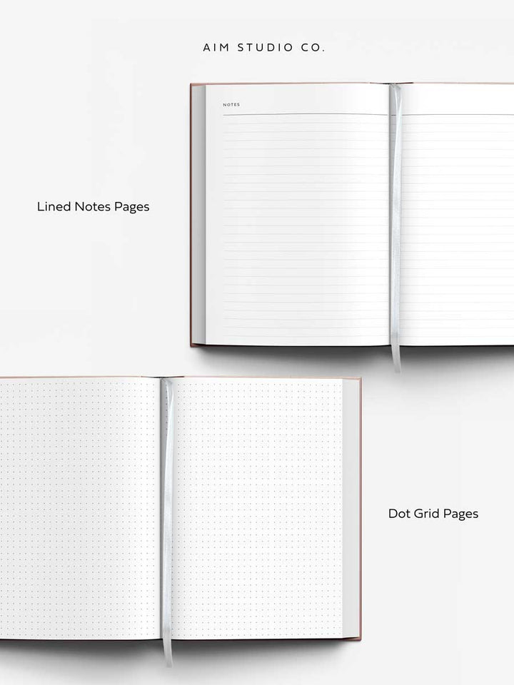 Two open diary planners showing lined and dot grid pages on a white background with 'AIM STUDIO CO' branding.
