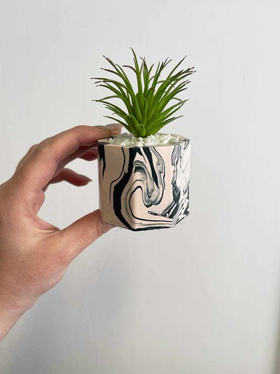 CLEARANCE | Handmade Dark Green & Blush Pink Marbled Mini Artificial Desk Plants