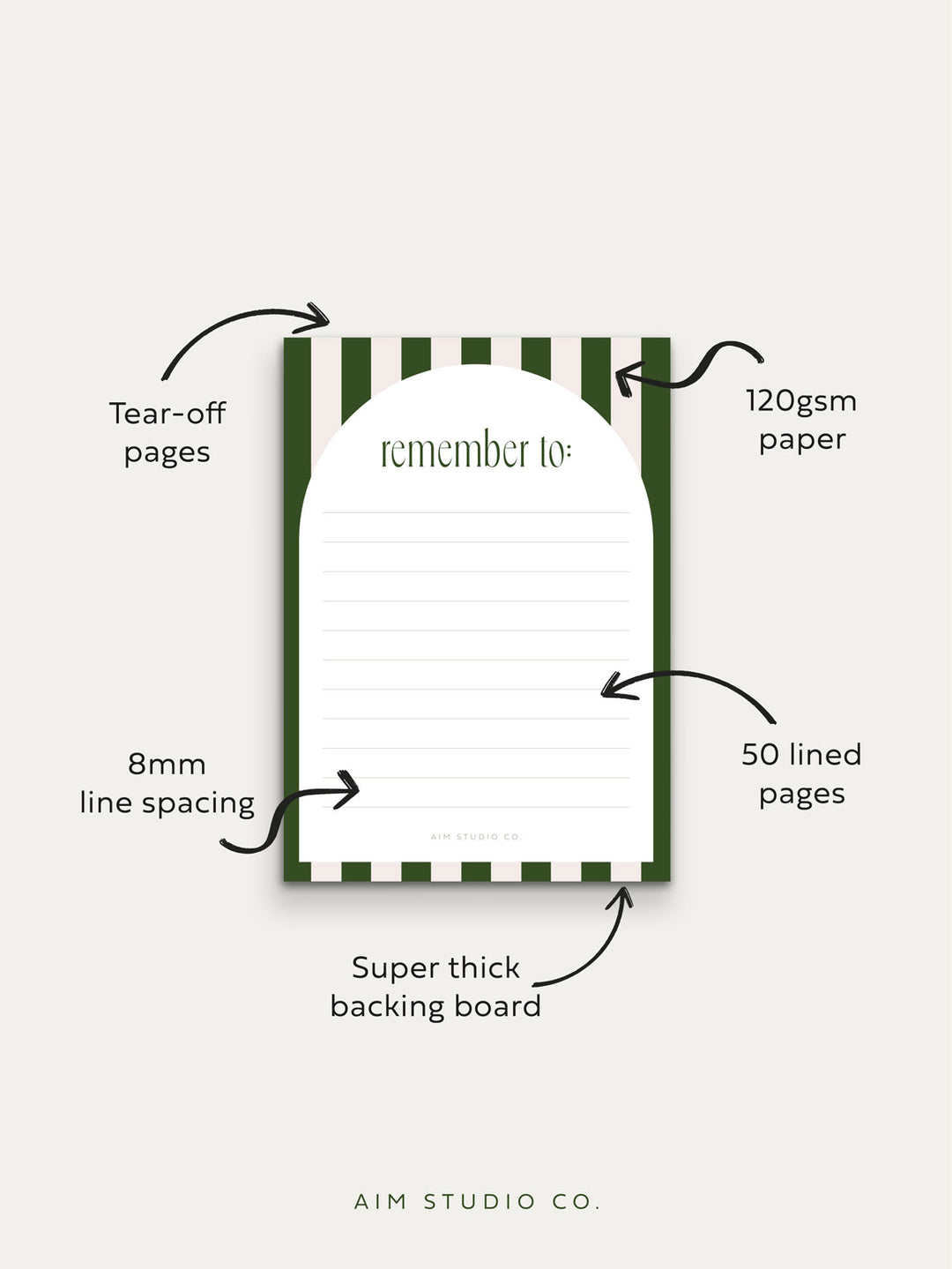 details of stripe memo notepad showing thick 120gsm paper with thick backing board and 50 tear off lined pages
