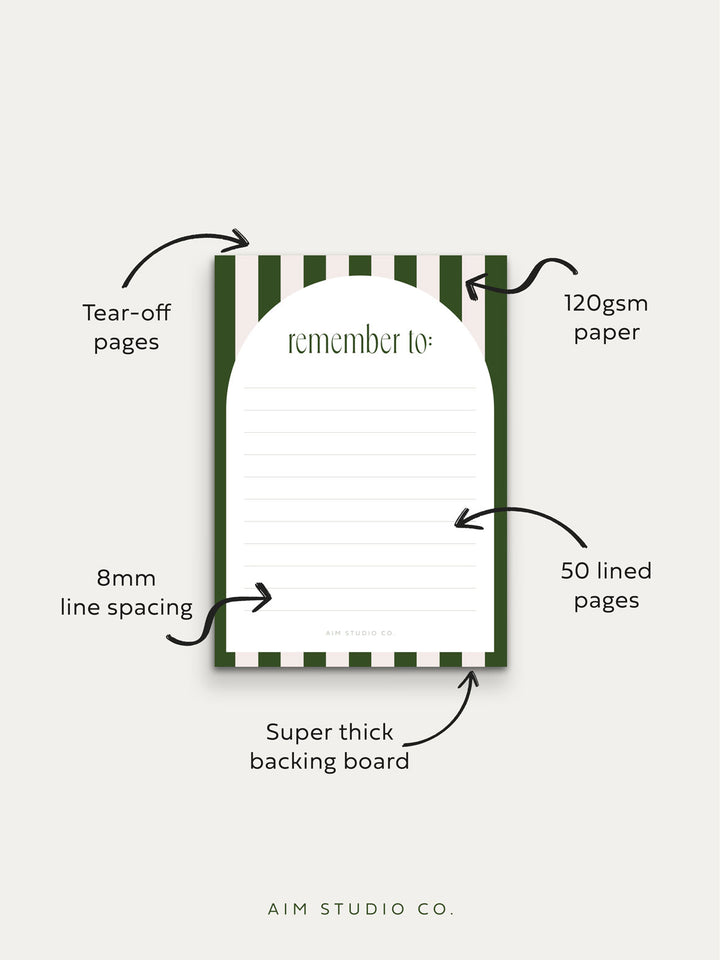 details of stripe memo notepad showing thick 120gsm paper with thick backing board and 50 tear off lined pages
