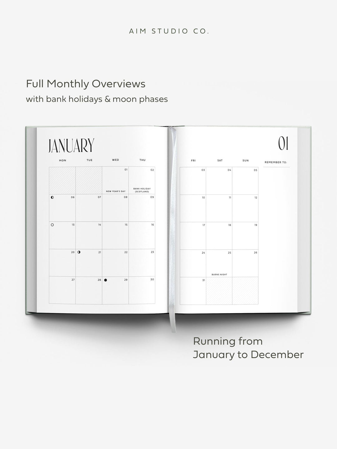 monthly overview page inside 2025 weekly planner by aim studio co