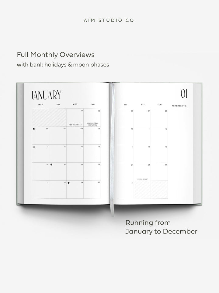 monthly overview page inside 2025 weekly planner by aim studio co