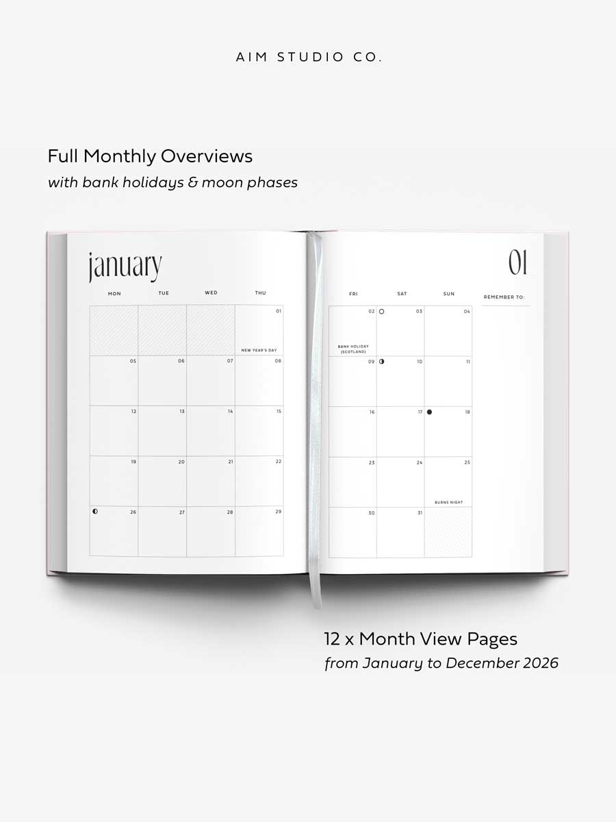 A5 page spread showing monthly overview of january 2026 with UK bank holidays and moon phases for the month