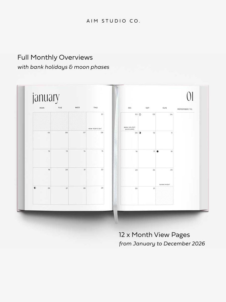 A5 page spread showing monthly overview of january 2026 with UK bank holidays and moon phases for the month