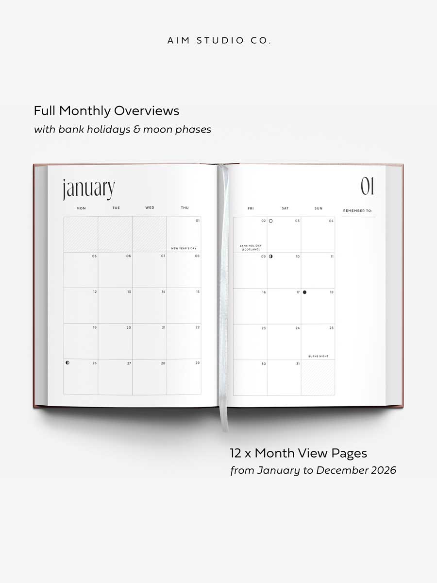 Open page of 2026 weekly planner showing showing monthly calendar overview with bank holidays and moon phases designed by 'AIM Studio Co.'