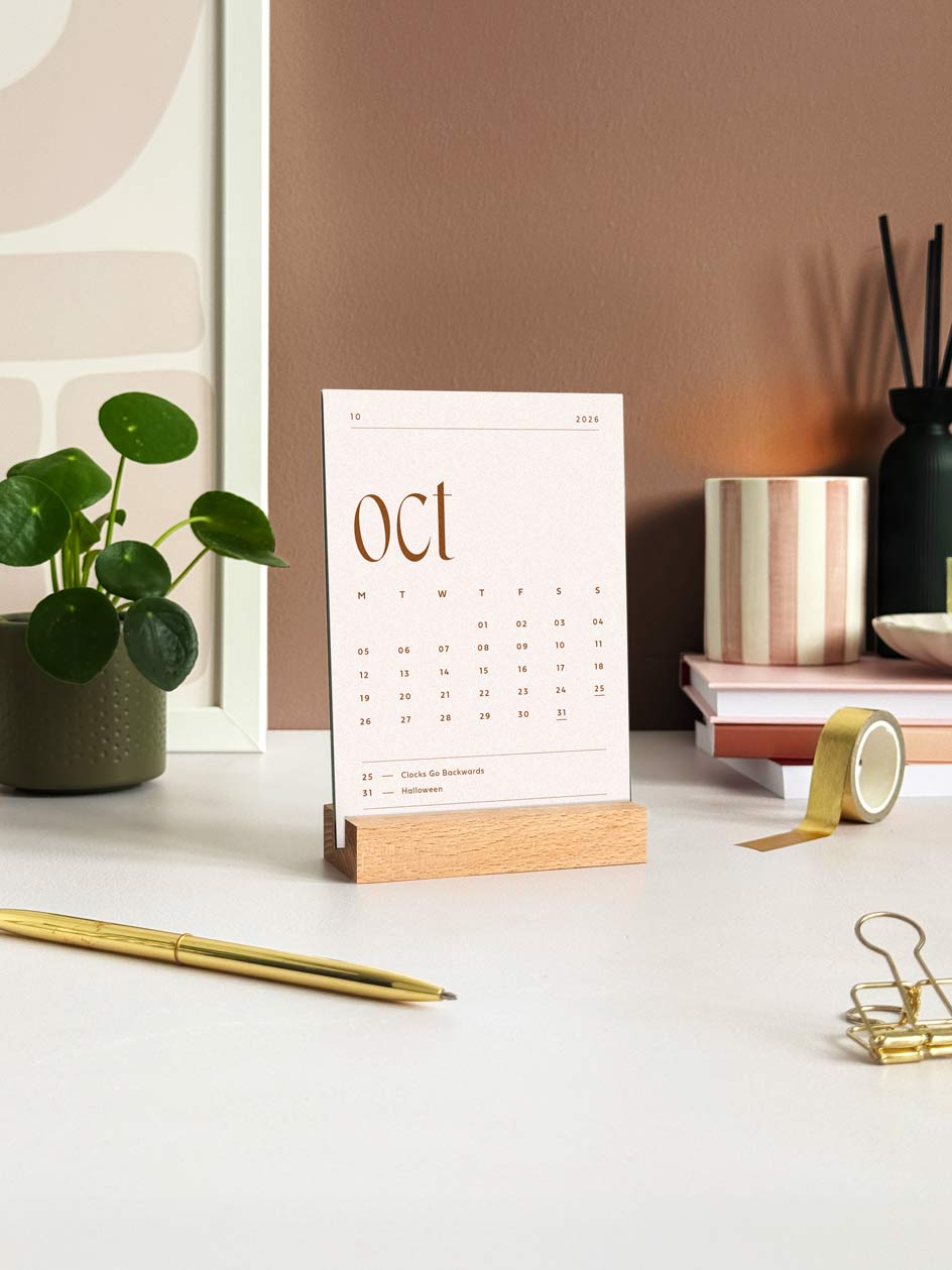 Minimalist 2026 Desk Calendar with Wooden Stand
