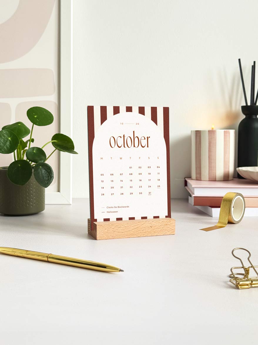 2026 Desk Calendar with Wooden Stand, Candy Stripes