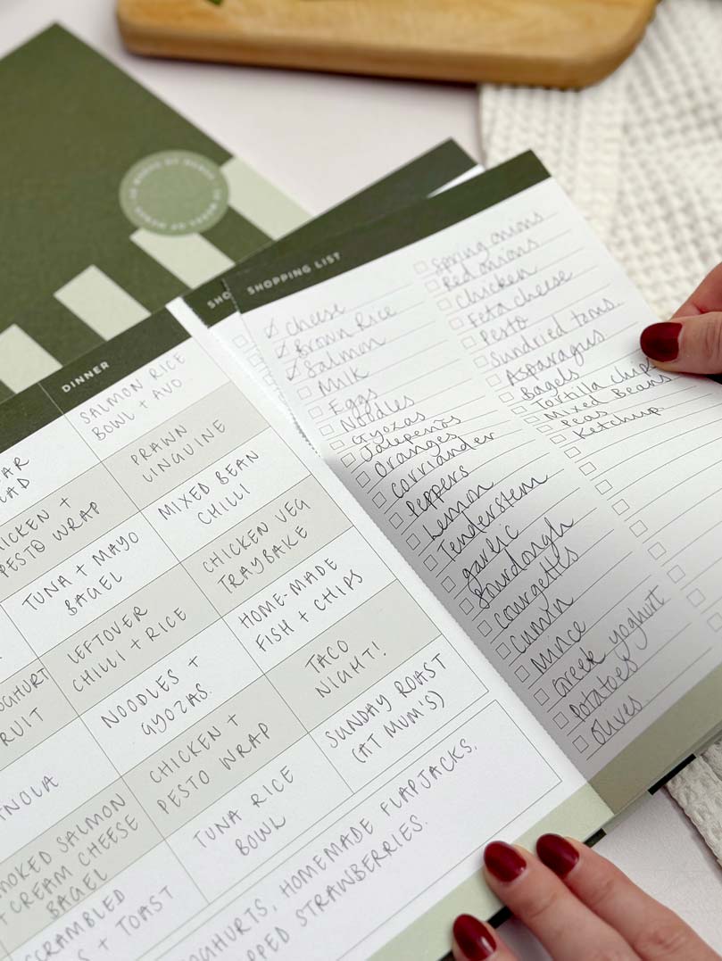 weekly meal planner with healthy meal prep ideas and woman removing perforated grocery list section of the notepad page.